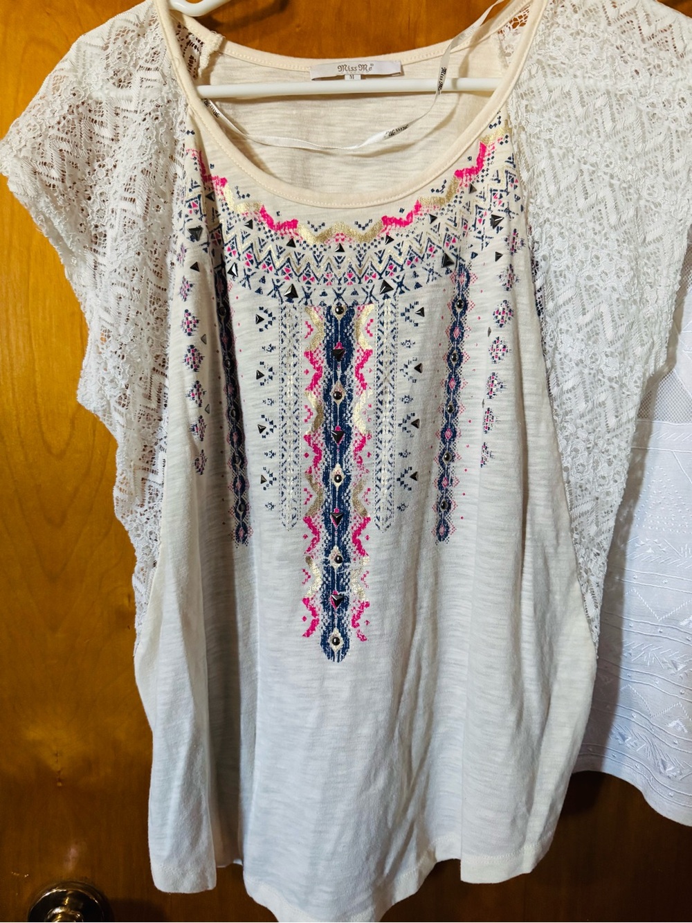 Miss Me Cream Tunic with Pink & Navy Embroidery